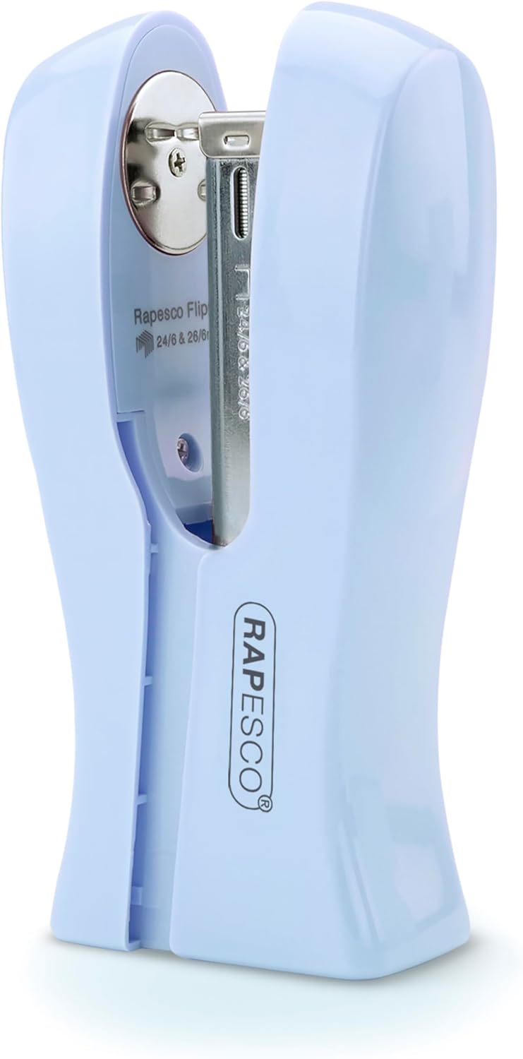 Rapesco 1379 Stand Up/Space-Saving Stapler, 20 Sheet Capacity, Powder Blue