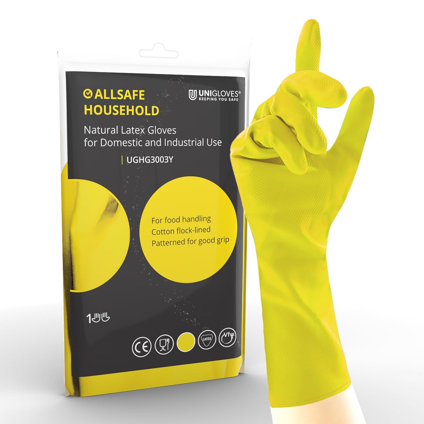Unigloves Allsafe UGHG3002Y Natural Latex Household Gloves, Yellow, Small, Pack of 2