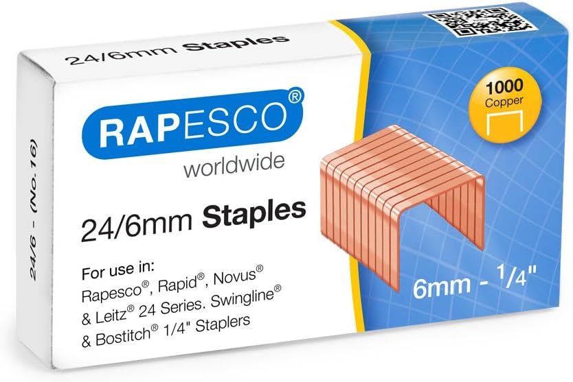 Rapesco S24600Z3 24/6mm (No.16) Copper Plated Staples, Box of 1000