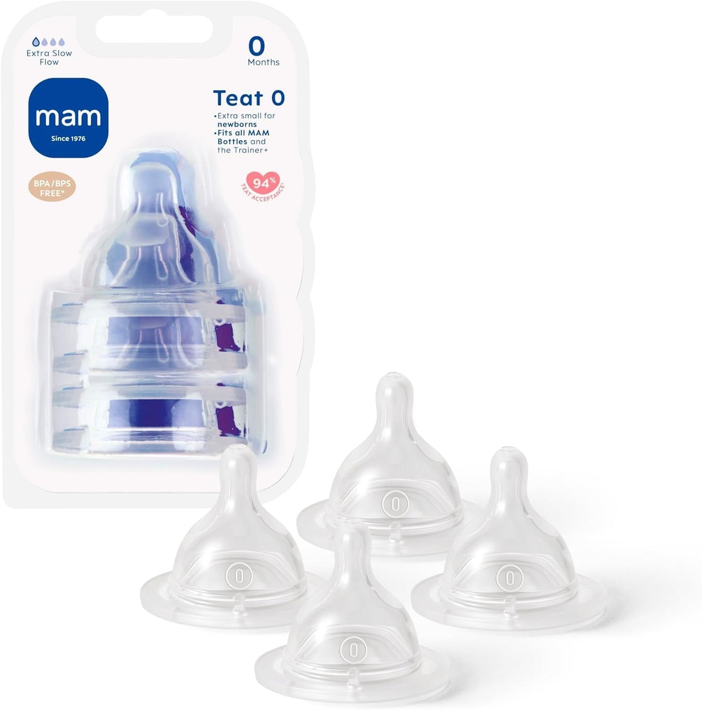 MAM Teats Size 0 | 4 Pack | Extra-Slow Flow | Fits All MAM Bottles | Made from SkinSoft Silicone | Baby Accessories for Newborn