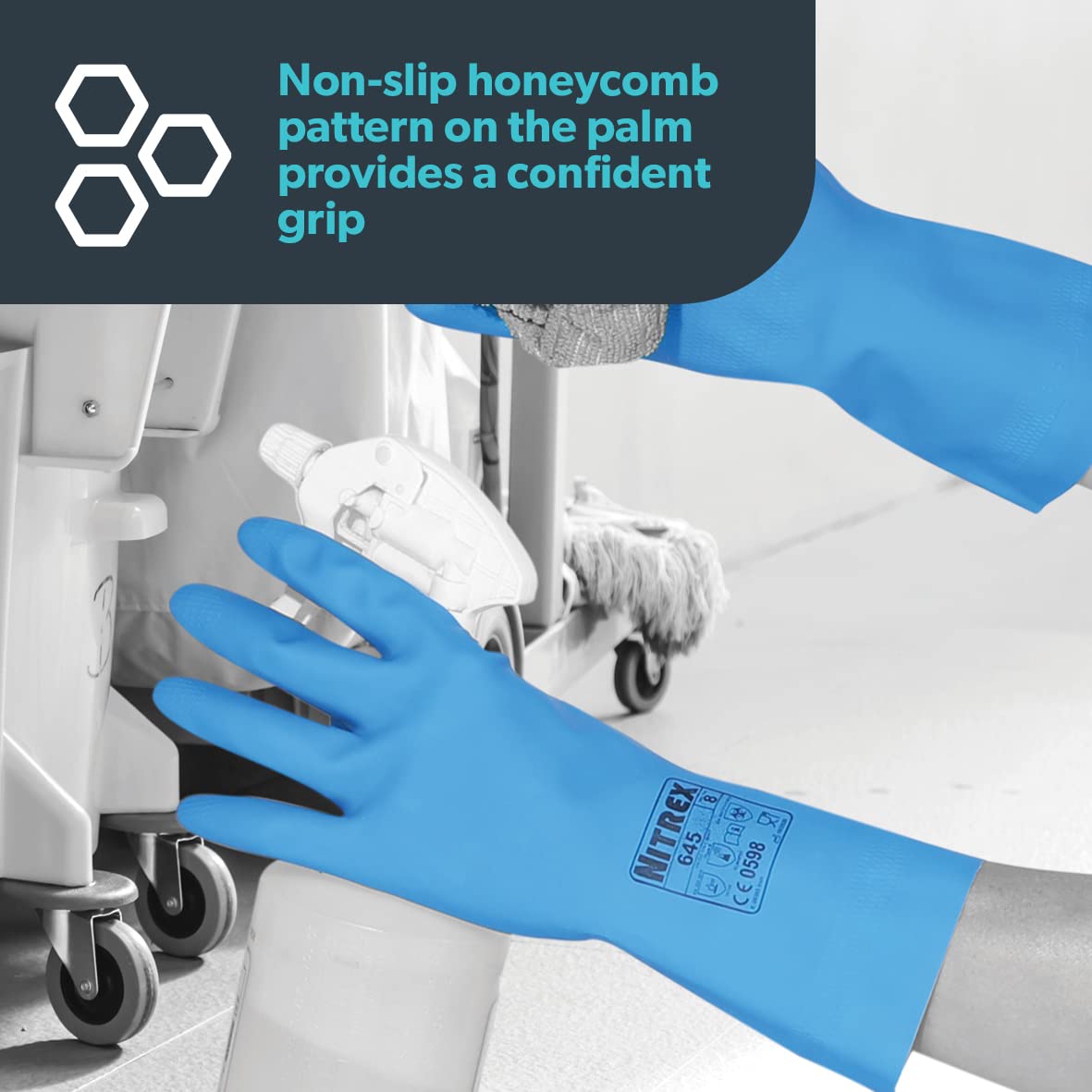 Unigloves Nitrex 645-10 pairs - Flock Lined Chemical Resistant Latex Gloves, in Blue