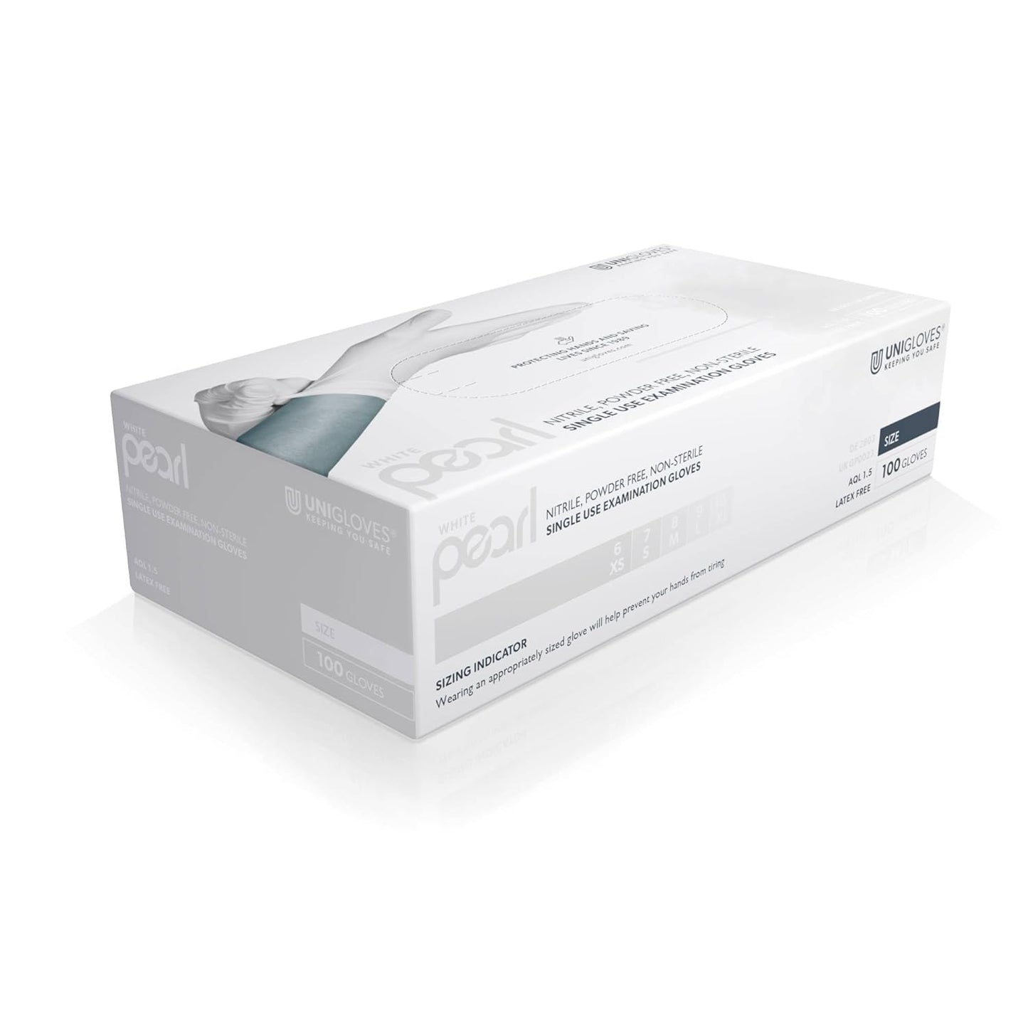 Unigloves White Pearl Nitrile Examination Gloves - Multipurpose, Powder Free and Latex Free Disposable Gloves - Box of 100 Gloves, White, Medium (GP0023)