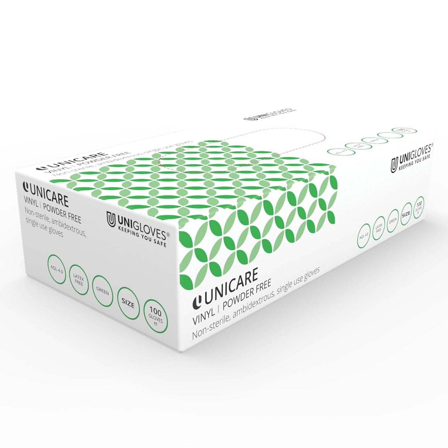 Unigloves Unicare Vinyl Disposable Gloves - Multipurpose, Powder and Latex Free Examination Gloves - Box of 100 Gloves, Green, Small (GS0122)
