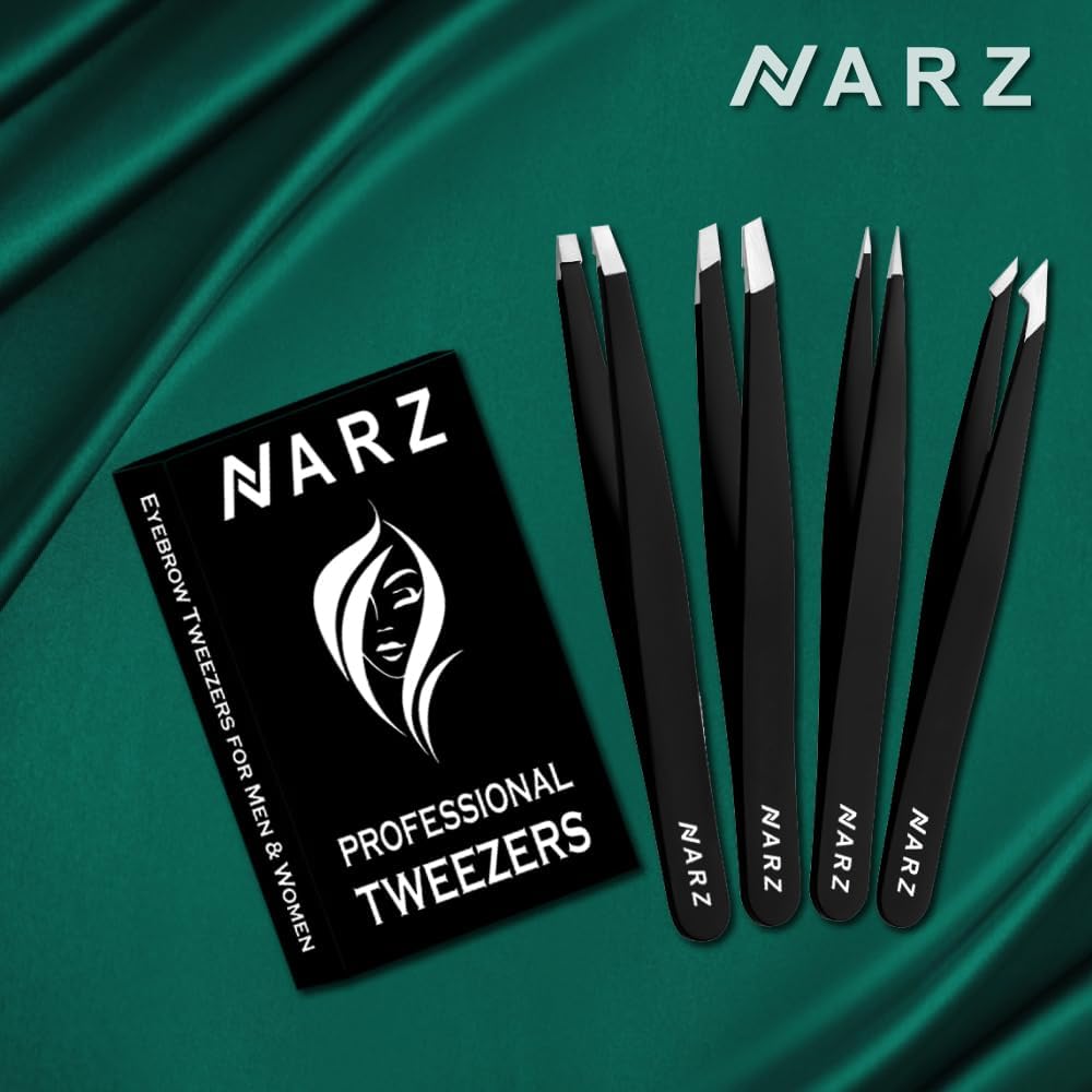 NARZ Professional Tweezers for Facial Hair Women & Men Stainless Steel Precision Tweezers for Ingrown Hair (4 Pcs)