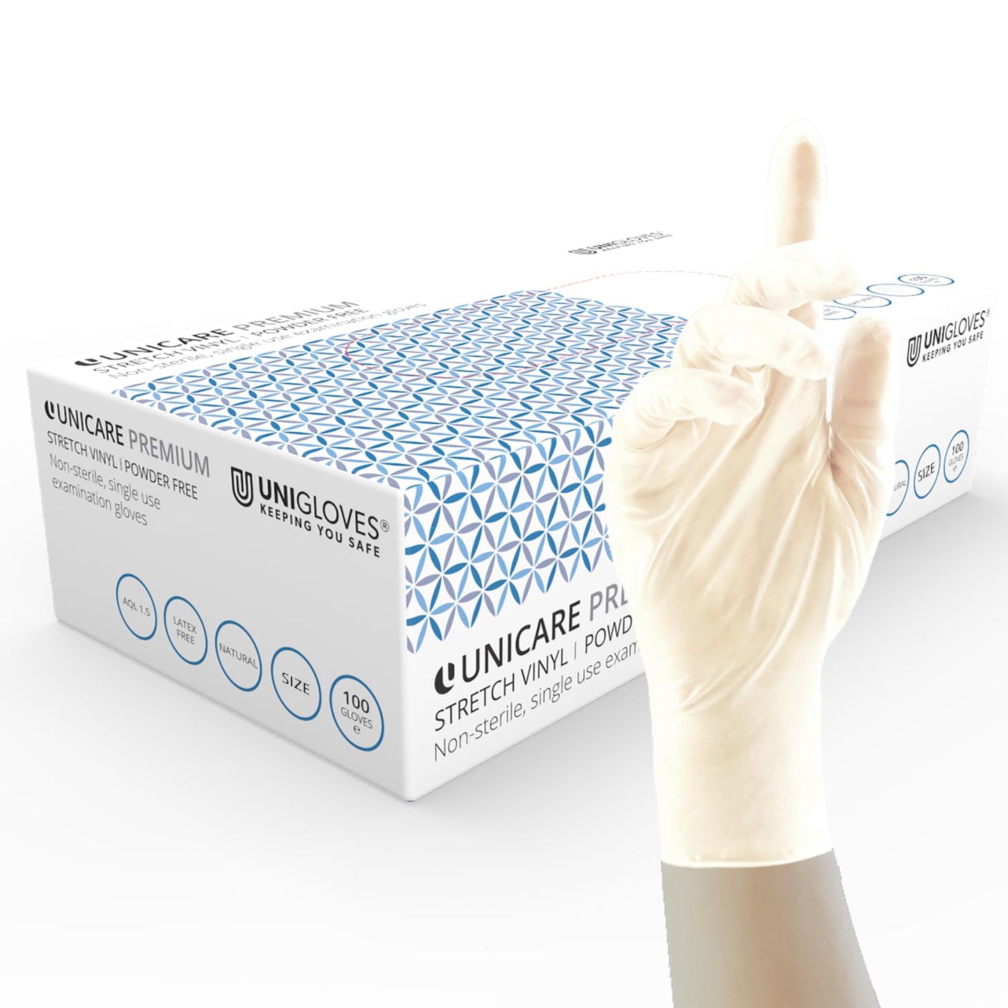 Unicare Premium Stretch Vinyl Disposable Gloves, Powder Free, Latex Free, Heavy Weight, Box of 100 Gloves, Natural, Size Small (GU0072-A)