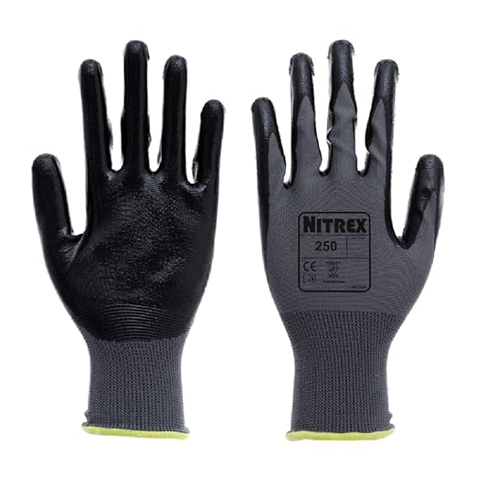 Nitrex 250 Work Gloves - General Handling Safety Gloves, Abrasion Resistant Nitrile Palm Coating, Polyester Liner, Enhanced Grip, Mechanical and Industrial Protection - 10 Pairs - Size 6