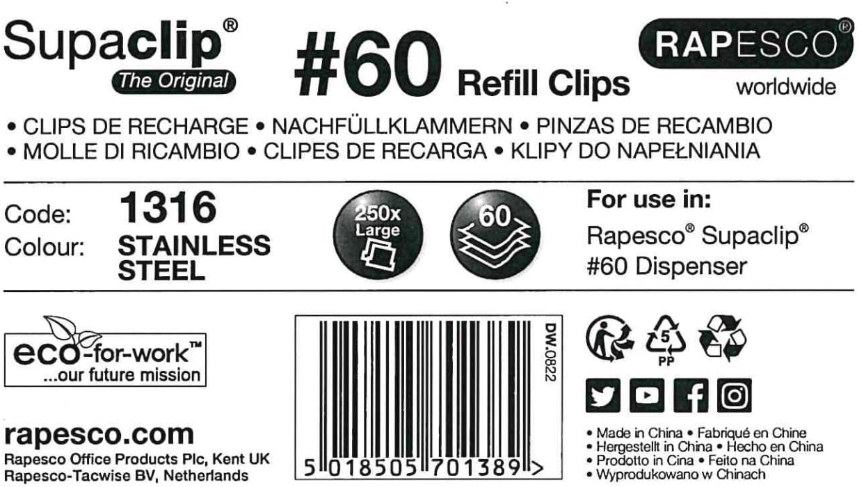 Rapesco 1316 Supaclip 60 Bulk Pack Stainless Steel Refill Clips, Pack of 250