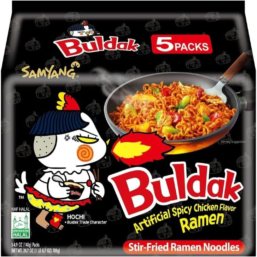 CNMART Korean SY Black Dried Hot Chicken Noodle Buldak Ramen Bag Noodles, 140g (Pack of 5)