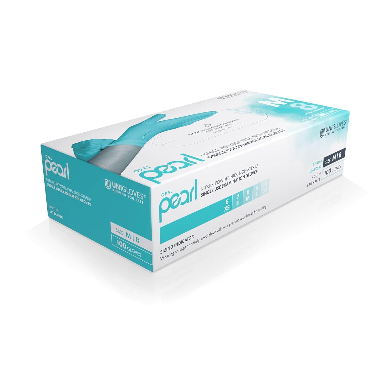 Unigloves Aqua Blue Pearl Nitrile Examination Gloves - Multipurpose, Powder Free and Latex Free Disposable Gloves - Box of 100 Gloves, Aqua Blue, Medium (GP0093)
