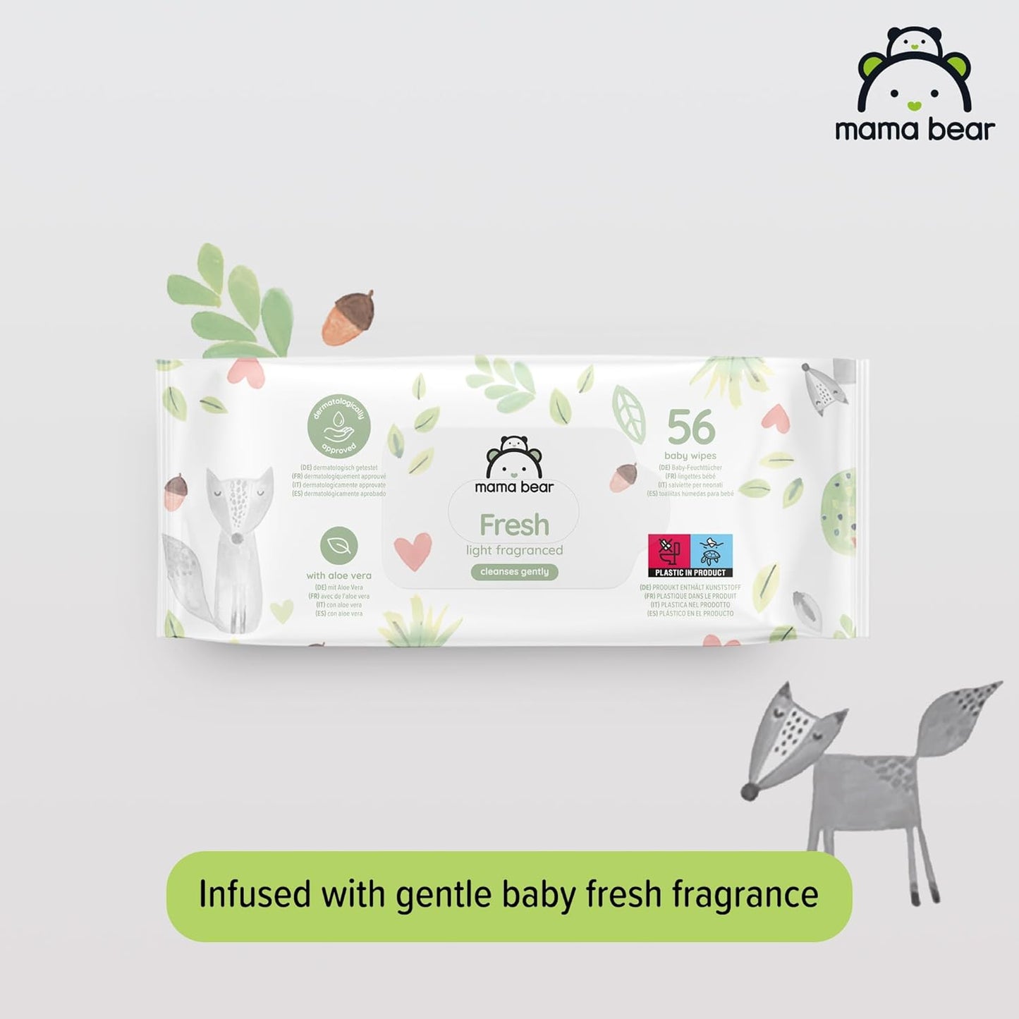 Amazon Brand - Mama Bear Fresh Lightly Fragranced Baby Wipes, 1008 Count (18 Packs of 56), Packaging May Vary