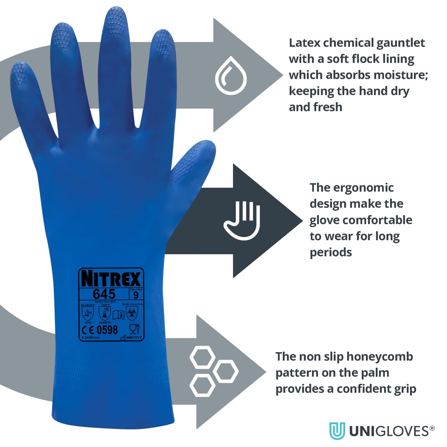 Unigloves Nitrex 645-10 pairs - Flock Lined Chemical Resistant Latex Gloves, in Blue