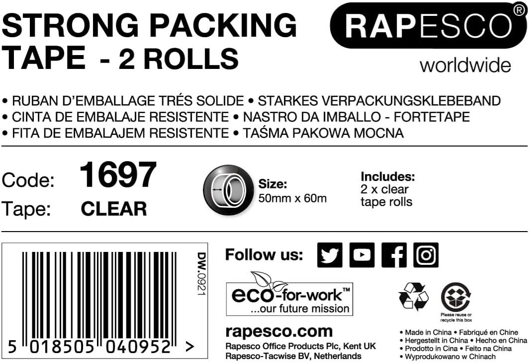 Rapesco 1697 Strong Packing Tape 50mm x 60m, Clear, Pack of 2