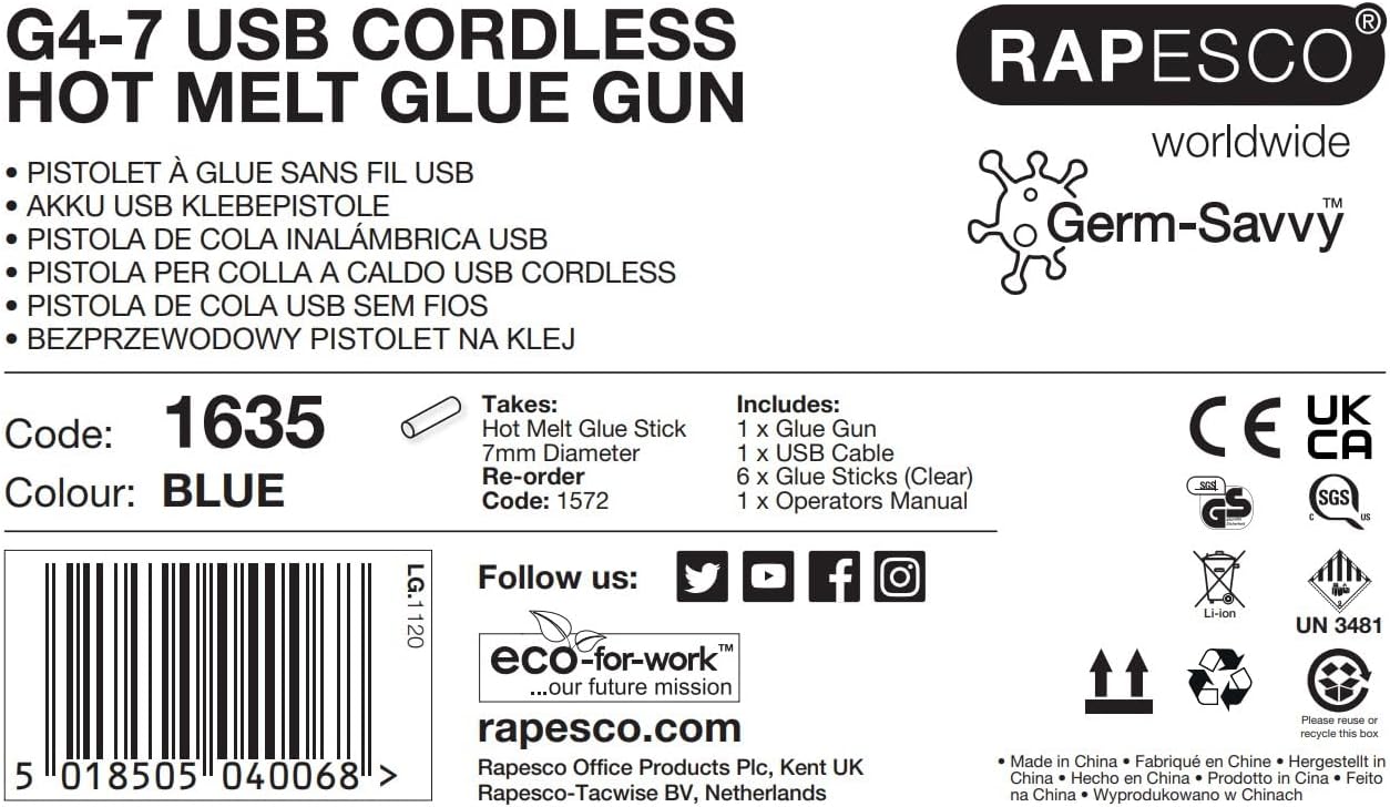 Rapesco 1635 Germ-Savvy Antibacterial, G4-7 USB Cordless Hot Melt Glue Gun with Integrated 4V Lithium-Ion Battery, Blue