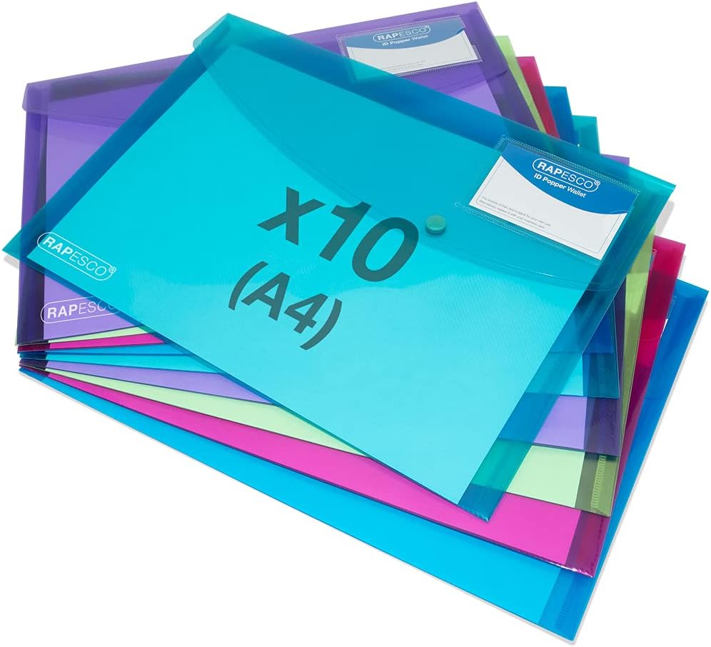Rapesco 1679 Popper Wallets, A5, Assorted Transparent Colours, Pack of 10