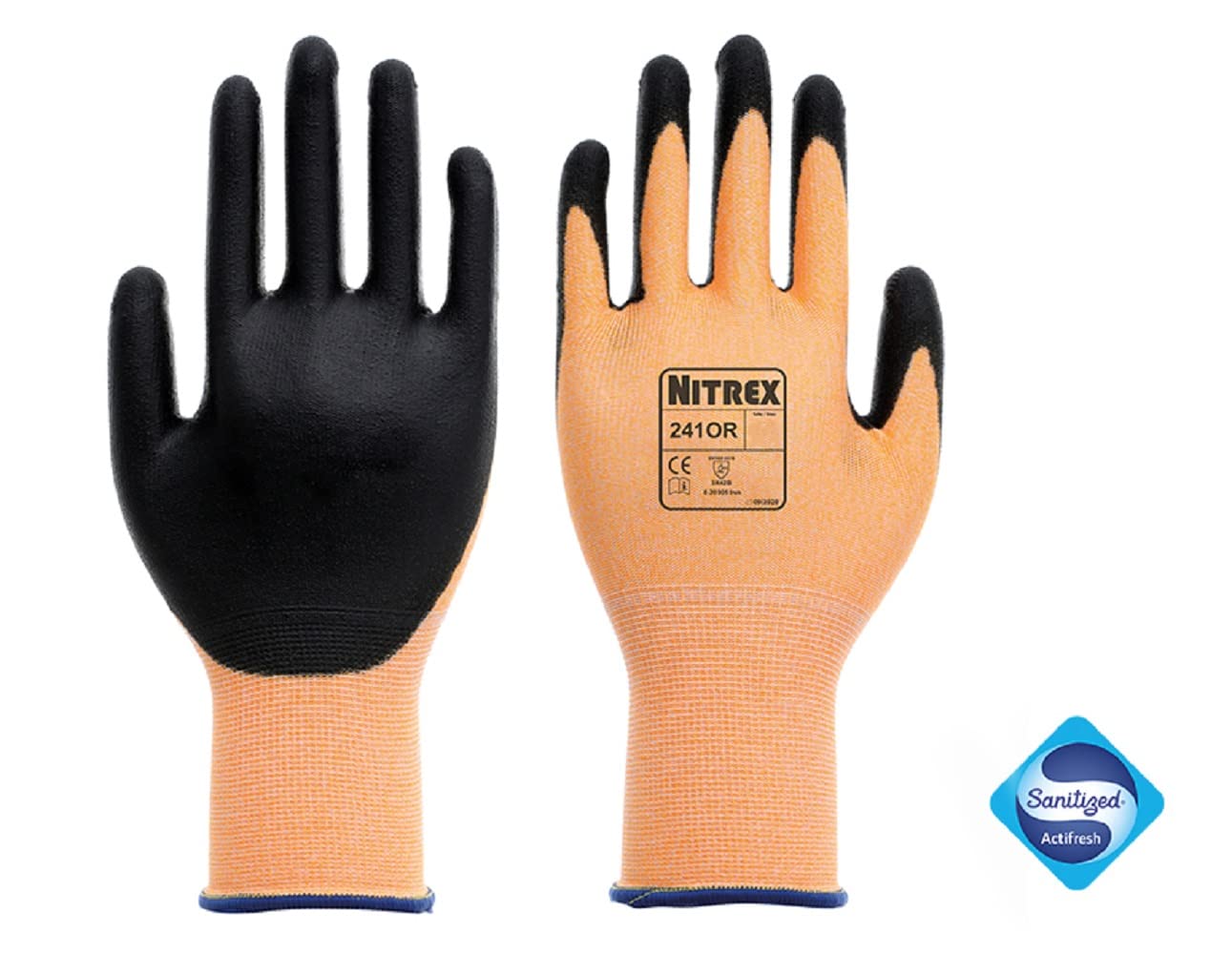 Nitrex 241OR Work and Safety Gloves, Bag of 10 Pairs, Size 7 - B Rated Cut Resistant Work Gloves, PU Palm Coating, Orange Nylon Liner