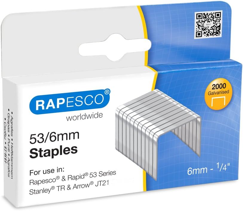 Rapesco 0751 53/6 mm Galvanised Staples, Box of 2000