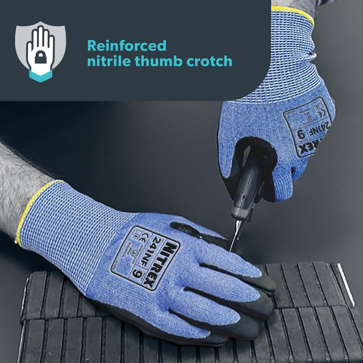 NITREX Unigloves 10 Pairs - General Handling Cut Resistant Gloves with Sandy Nitrile Palm Coating, Featuring NitreGuard Technology and NitreGrip Technology in Black or Blue, Size 6