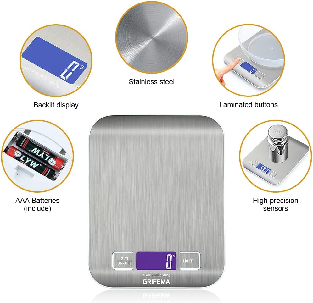 GRIFEMA GA2002 Digital Kitchen Scales, Food Weighing Scales with LCD Display, (1g/5kg) Weight Grams and Oz for Baking and Cooking, Stainless steel (Batteries Included), Blue