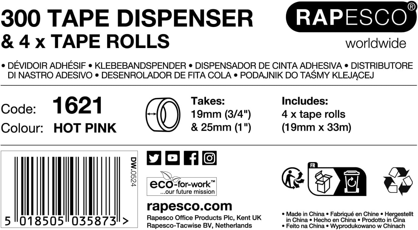 Rapesco 1621 300 Tape Dispenser and 4 Tape Rolls, Hot Pink