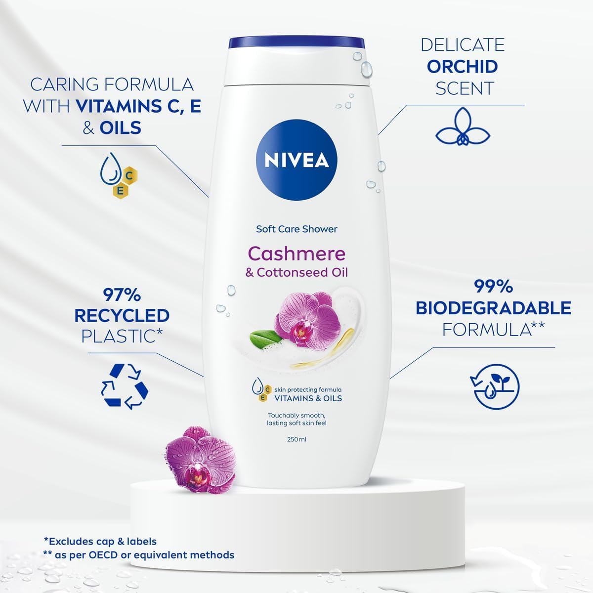 Nivea Cashmere & Cotton Oil Shower Gel (250ml), Body Wash with Vitamin C, E, and Precious Oils, Protects Skin from Drying Out and Leaves it Touchably Smooth