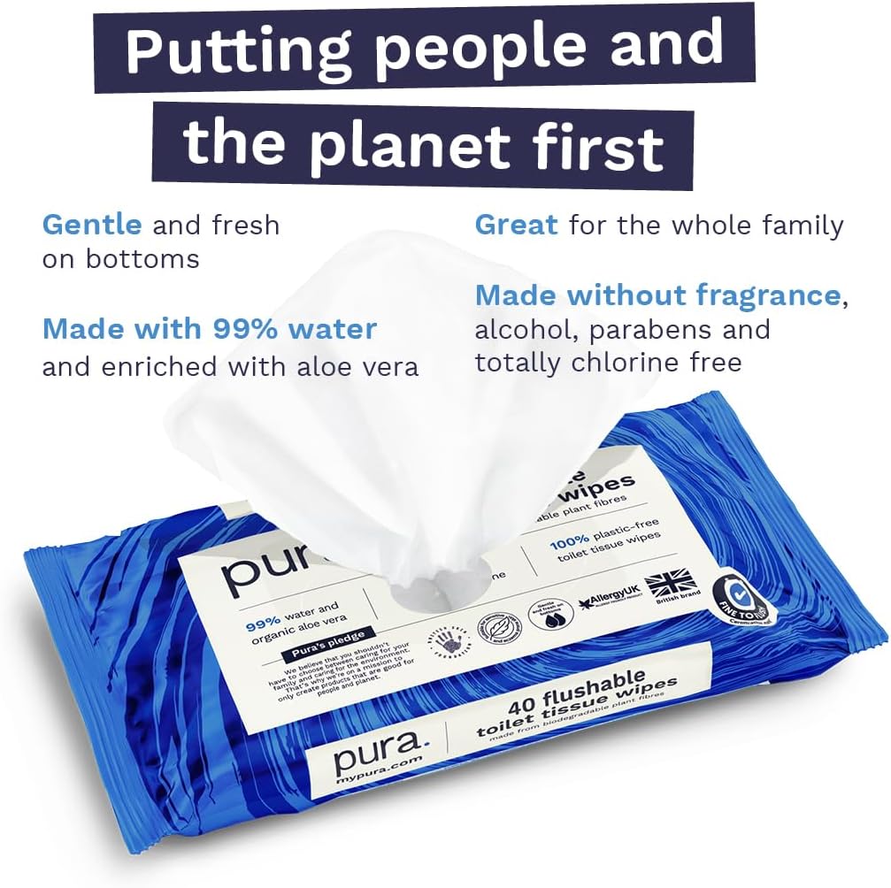 Pura Flushable Moist Toilet Tissue Wipes, 1 Pack of 40 Wet Wipes, 100% Plastic Free, 99% Water Clean Washlets, Certified ‘Fine to Flush’ Biodegradable, Compostable, Vegan, Gentle Clean
