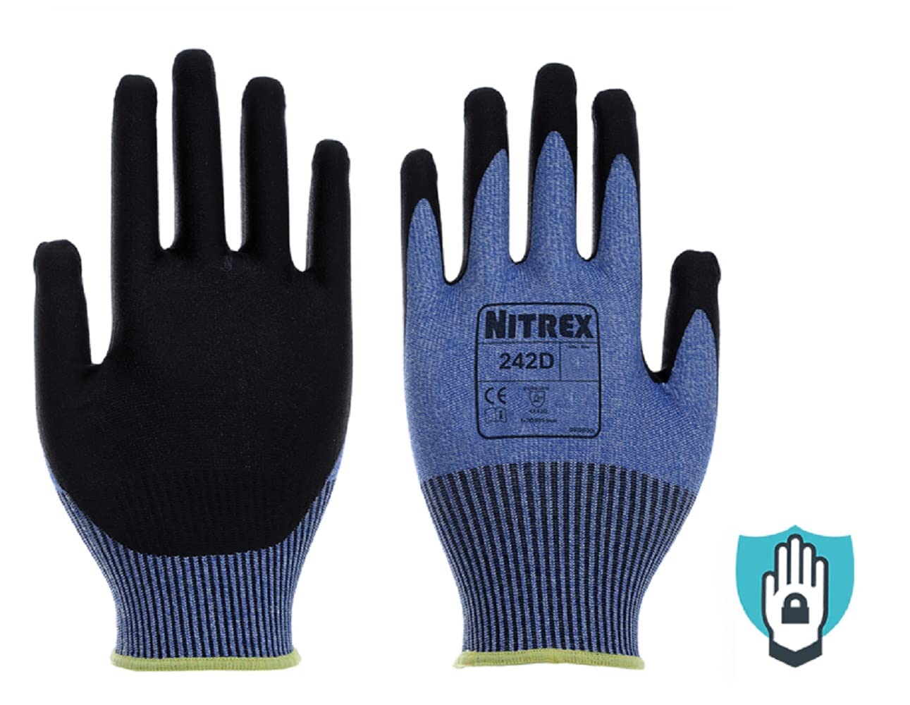 Nitrex 242D Work and Safety Gloves, Bag of 10 Pairs, Size 6 - D Rated Cut Resistant Gloves with PU Nitrile Palm Coating