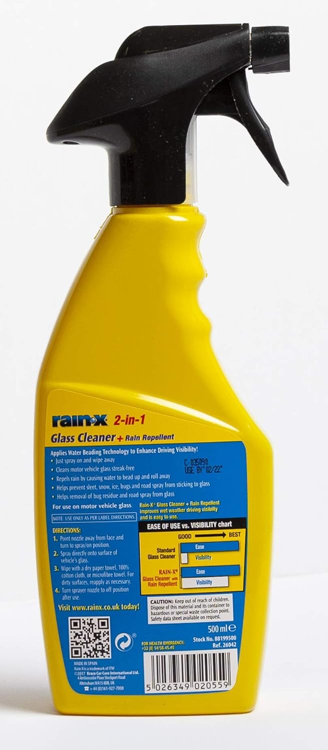 Rain-X 2-in-1 Glass Cleaner + Rain Repellent – Streak-Free Shine & Advanced Water Beading – Helps Protect Against Rain, Snow, Ice & Insects – Quick & Easy Spray Application – 500ml