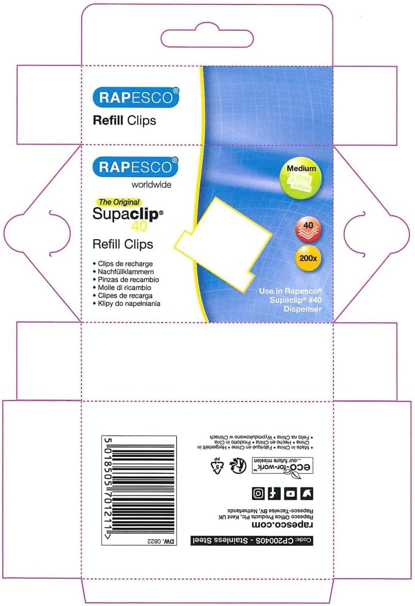 Rapesco CP20040S Supaclip 40 Stainless Steel Refill Clips, Pack of 200