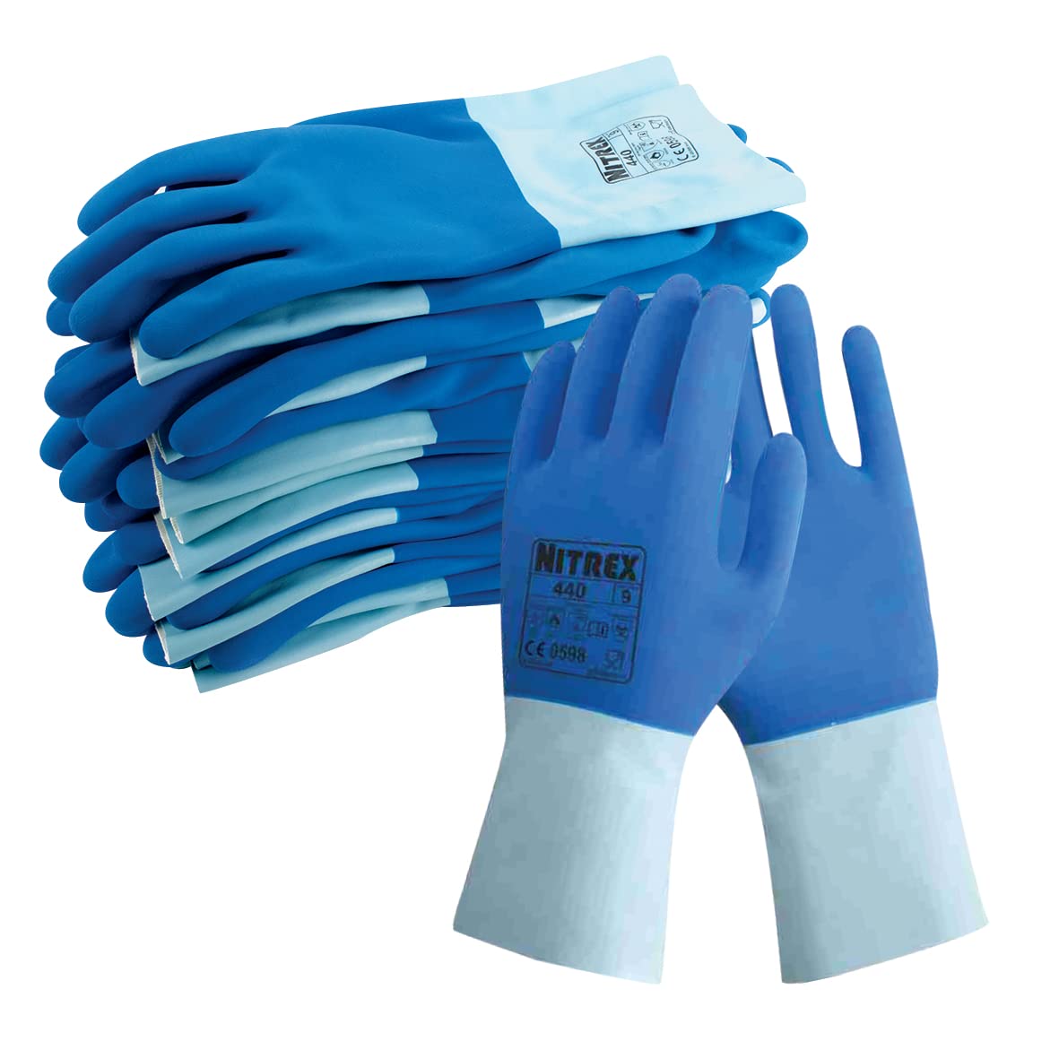 Nitrex 440 Chemical Resistant Safety Gloves, Bag of 10 Pairs, Size 7 - Cotton Lined Chemical and Heat Resistant Latex Gauntlet