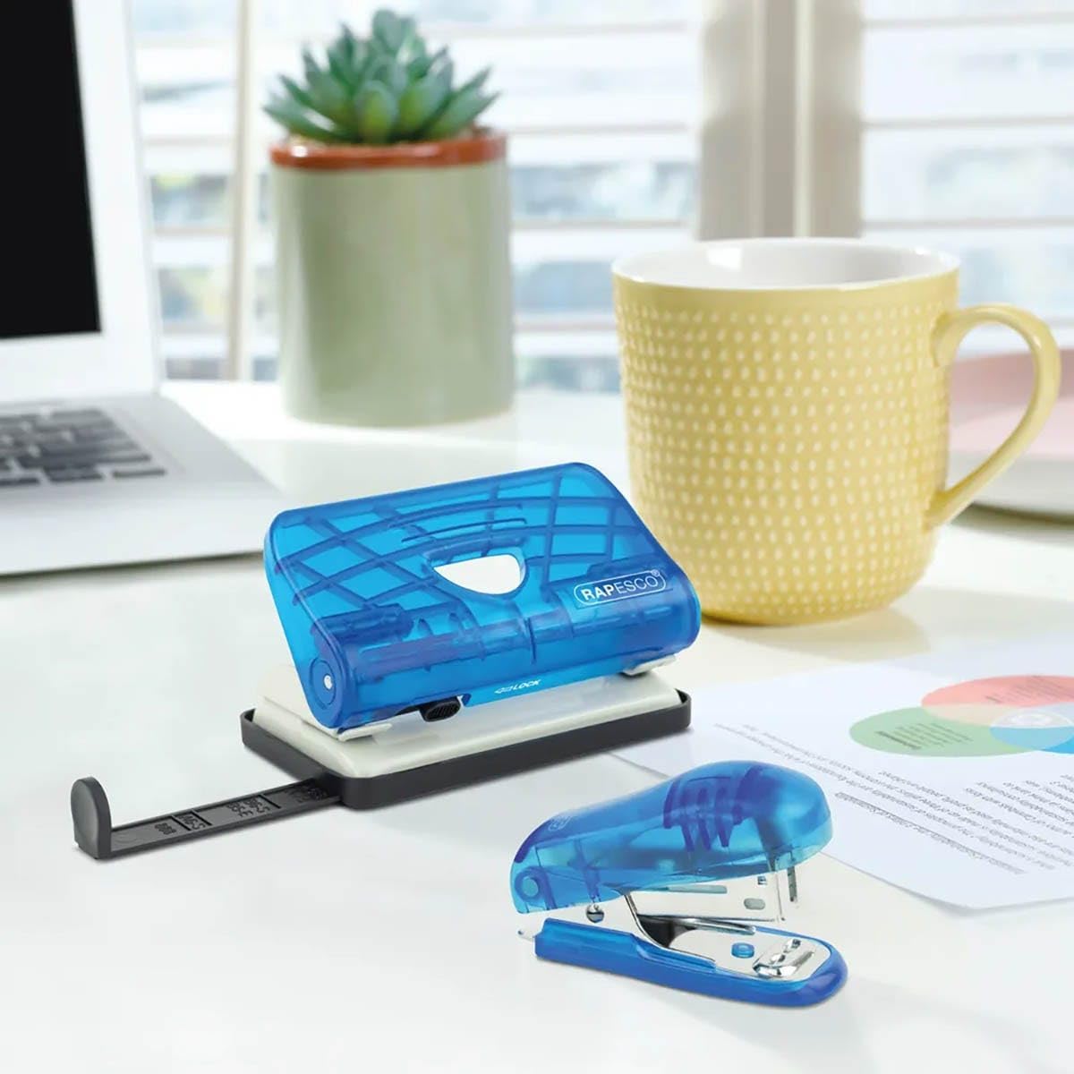 Rapesco 1719 Bug Stapler and 810-P 2-Hole Punch Set with 1000 26/6mm Staples, Transparent Blue
