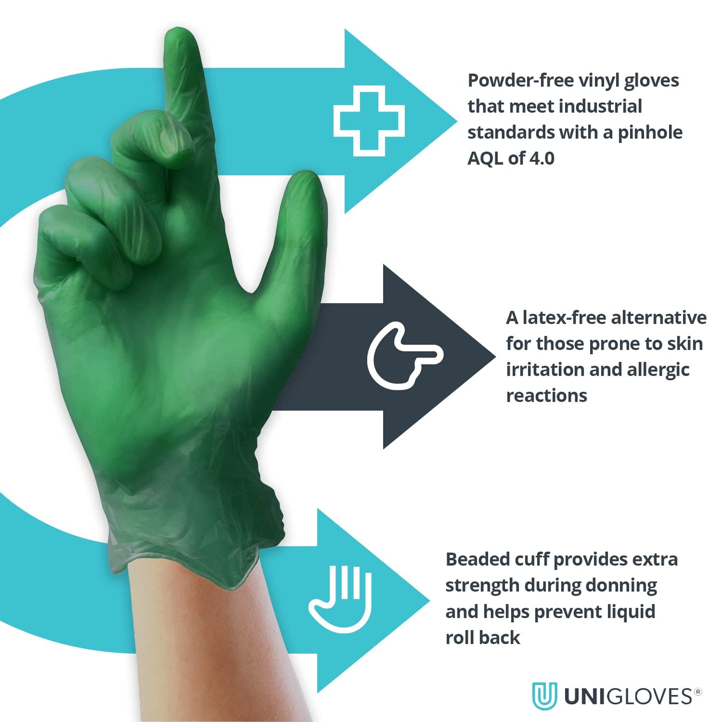 Unigloves Unicare Vinyl Disposable Gloves - Multipurpose, Powder and Latex Free Examination Gloves - Box of 100 Gloves, Green, Small (GS0122)