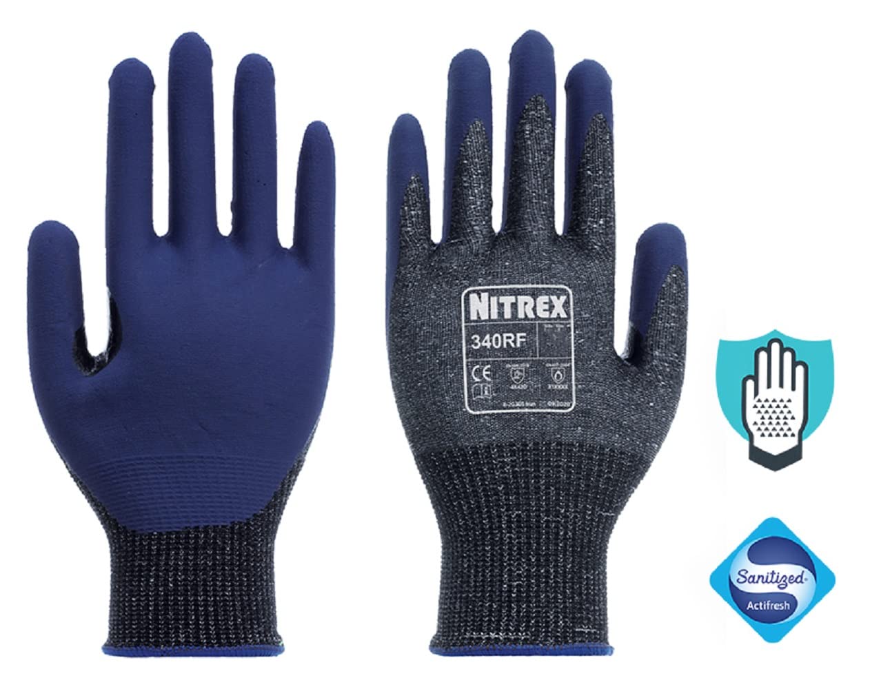 NITREX 340RF Work and Safety Gloves, Bag of 10 Pairs - D Rated Cut Resistant Gloves with Foam Nitrile Palm Coating in Grey/Blue, Size 7