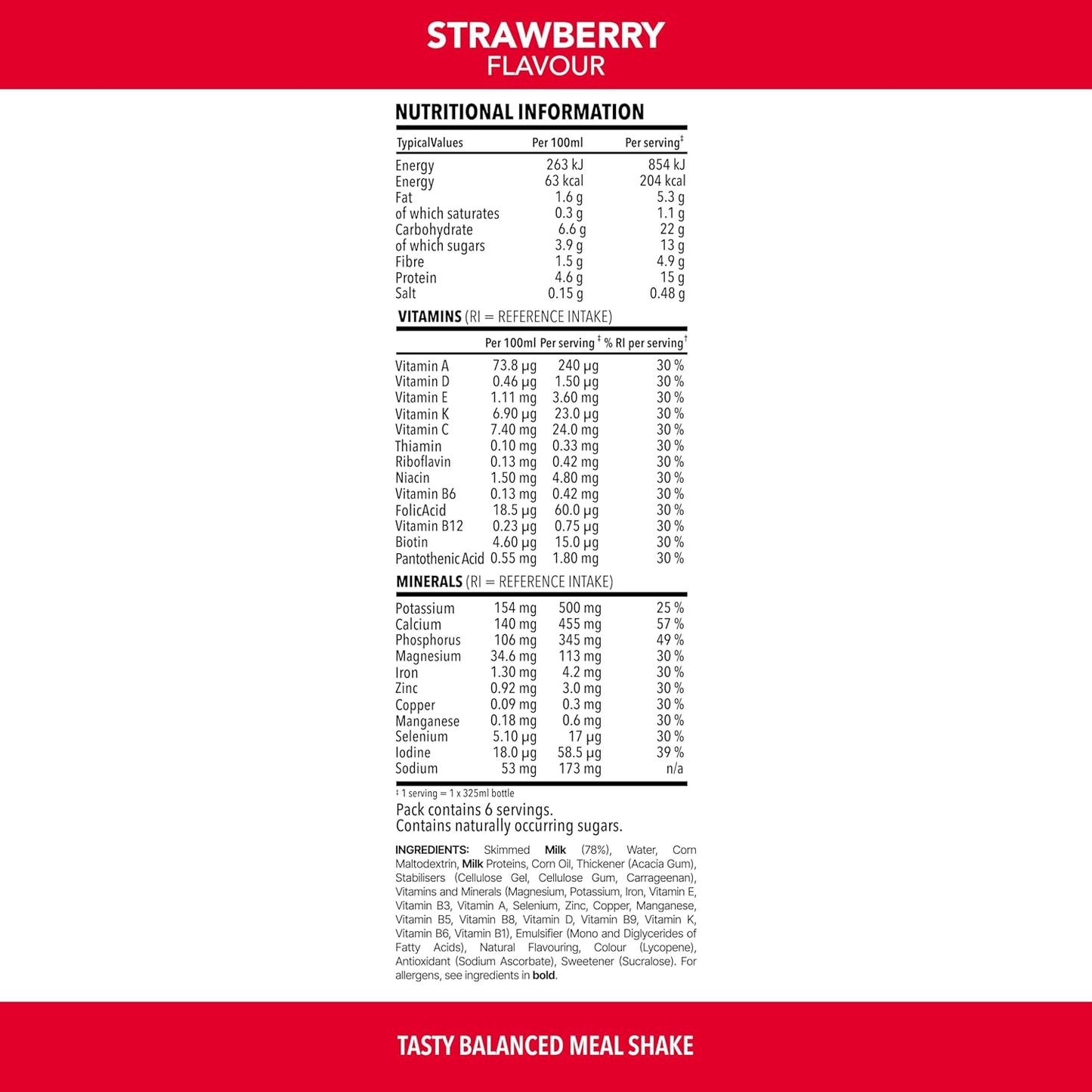 SlimFast Ready To Drink Shake, Meal Replacement Shakes for Weight Loss and Balanced Diet, High Protein, Vitamins, Minerals, No Added Sugar, Strawberry Flavour, 6 x 325 ml, Packaging May Vary