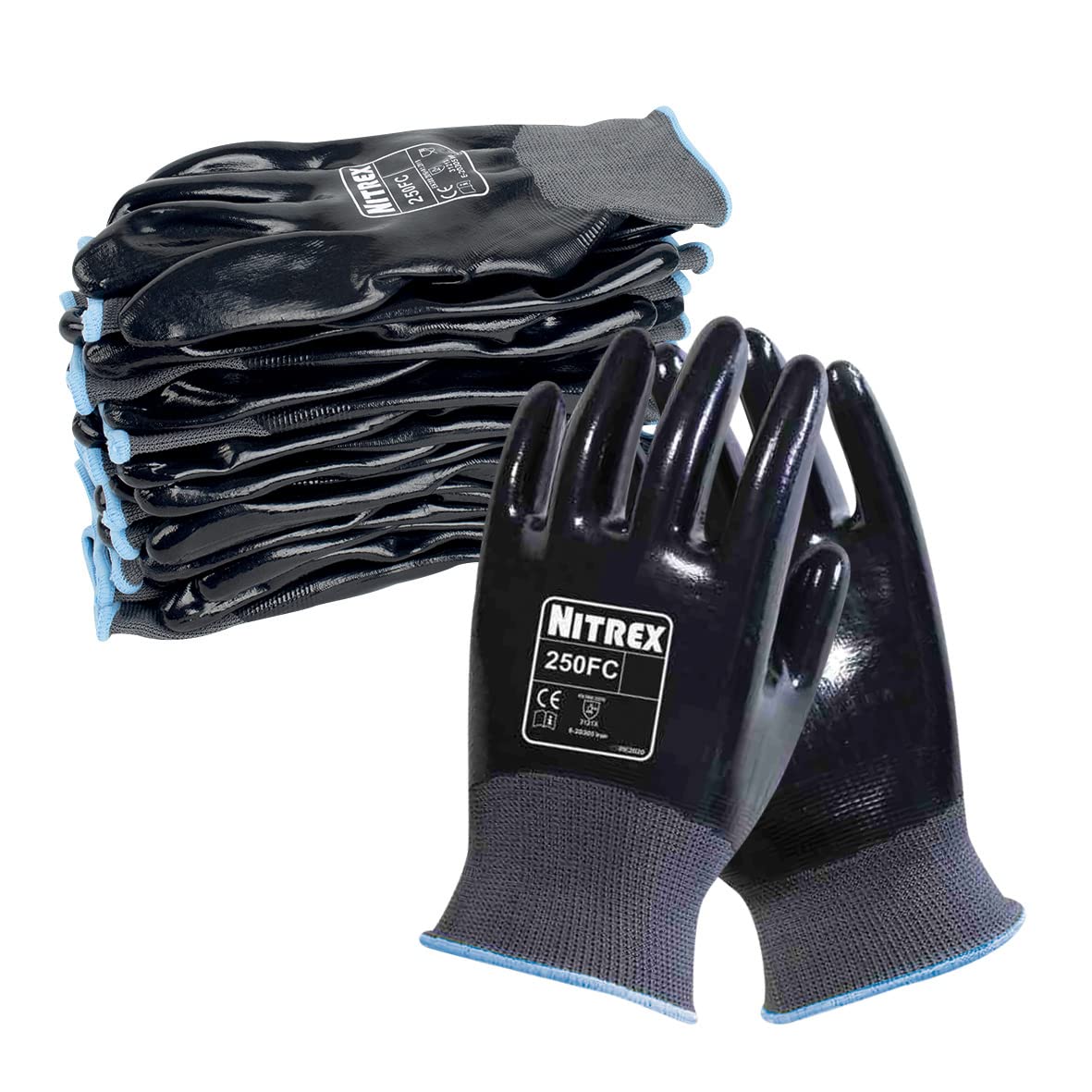 Nitrex 250FC Work Gloves - General Handling Safety Gloves - Resistant to Abrasions, Cuts, Tears, and Punctures - Full Nitrile Coating for Mechanical and Industrial Protection - 10 Pairs - Size 6