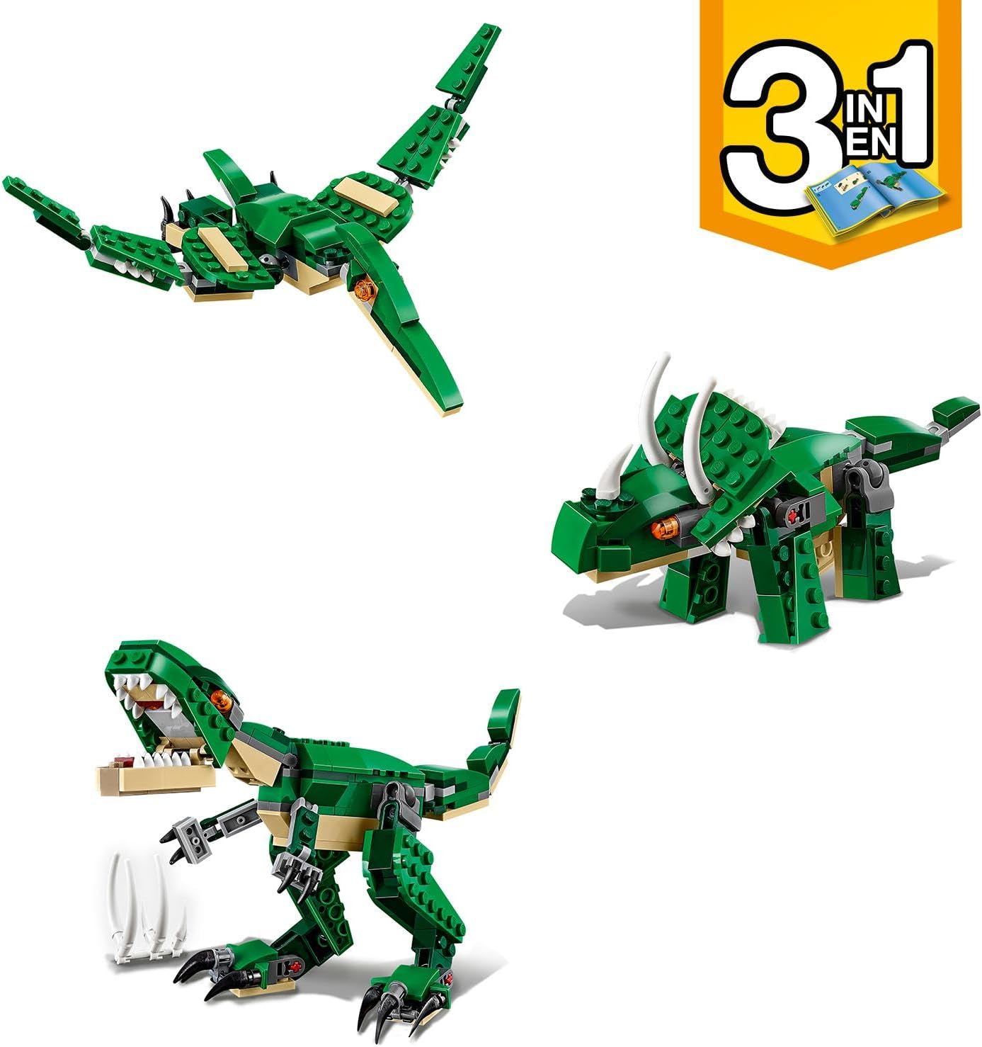 LEGO 31058 Creator Mighty Dinosaurs Toy, 3 in 1 Model, T. rex, Triceratops and Pterodactyl Dinosaur Figures, Gifts for 7-12 Year Old kids, Boys & Girls