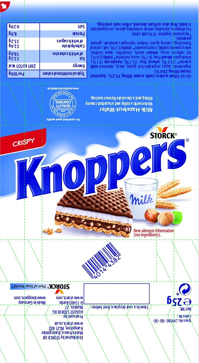 Knoppers Chocolate Hazelnut Wafers, 25 g (Pack of 24)