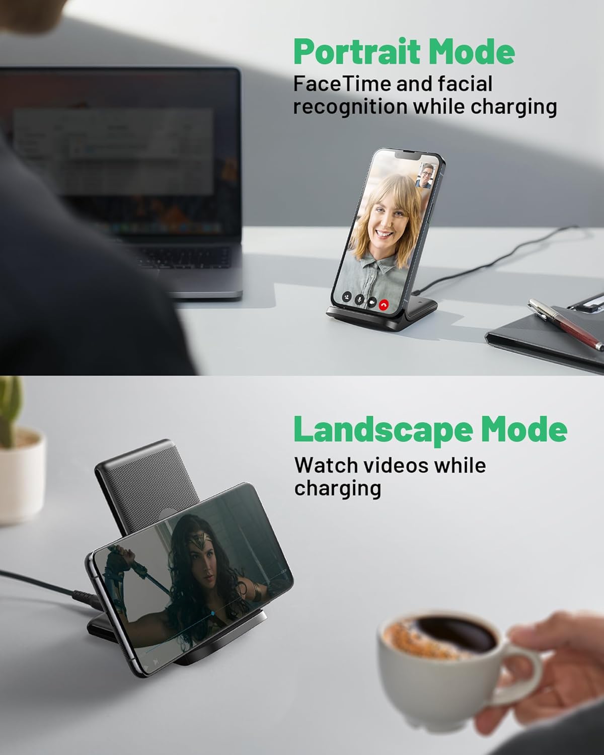 INIU Wireless Charger Stand, 15W Qi Fast Charging Dock Phone Charger, Adaptive LED Wireless Charging Station for iPhone 16 15 14 13 12 11 9 8 XR, Samsung S22 S21 S10 S9, LG V40 G8, Pixel 8 7 6 etc.
