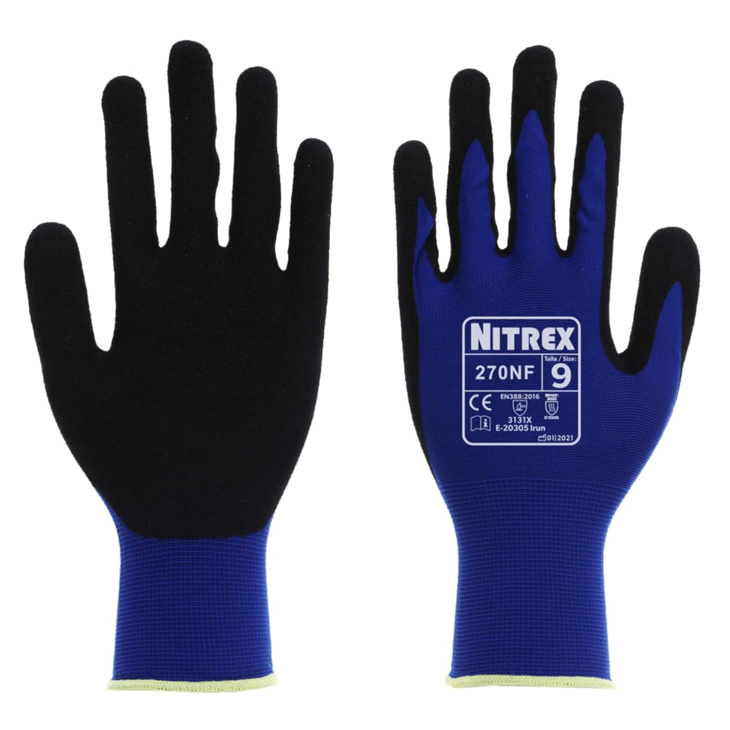 NITREX 270NF 10 Pairs of Gardening Gloves, Sandy Nitrile Palm Coating, Abrasion and Tearing Protection, Reduces Hand Fatigue, Blue/Black, Size 6