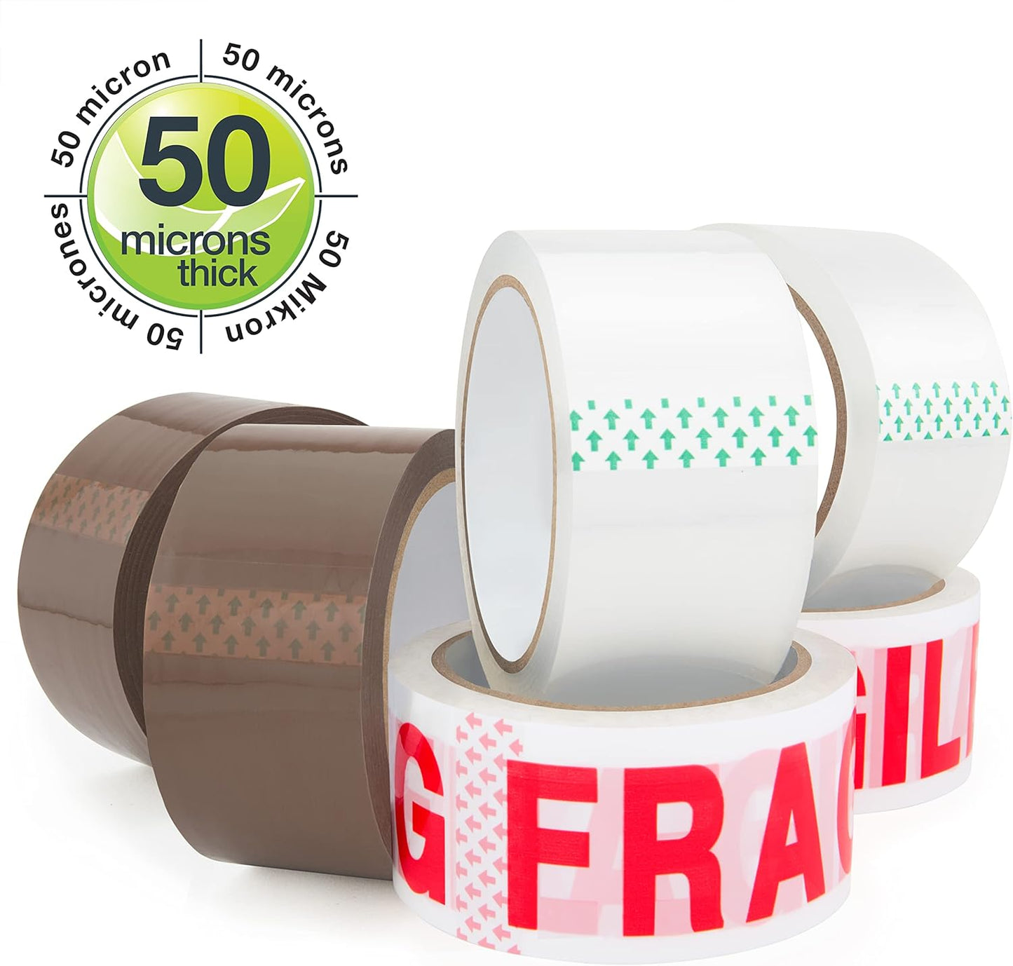 Rapesco 1687 Packing Tape Rolls Variety Pack, 50 mm Wide, Pack of 6 Tape Rolls, 2 x Brown, 2 x Clear, 2 x “Fragile”