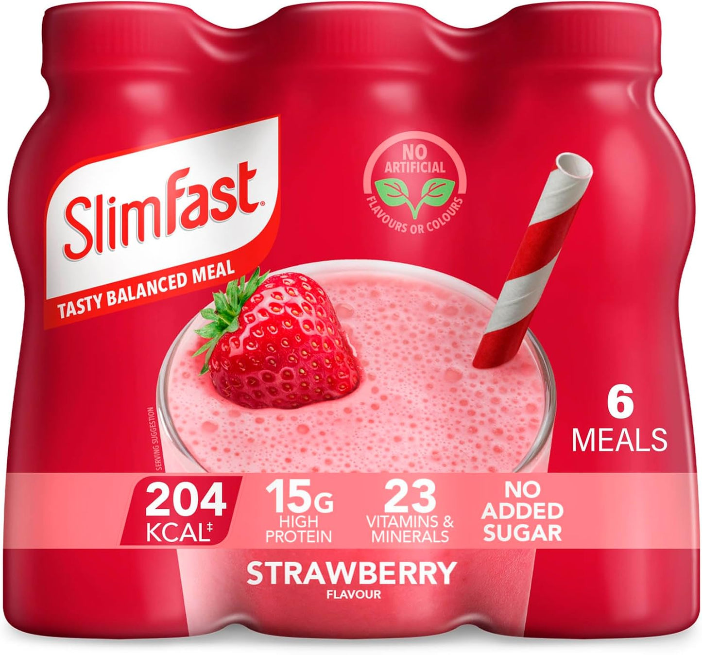 SlimFast Ready To Drink Shake, Meal Replacement Shakes for Weight Loss and Balanced Diet, High Protein, Vitamins, Minerals, No Added Sugar, Strawberry Flavour, 6 x 325 ml, Packaging May Vary