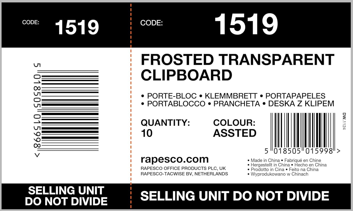 Rapesco 1519 Business Pack: 10 Frosted Transparent Clipboards, A4+, Assorted Colours