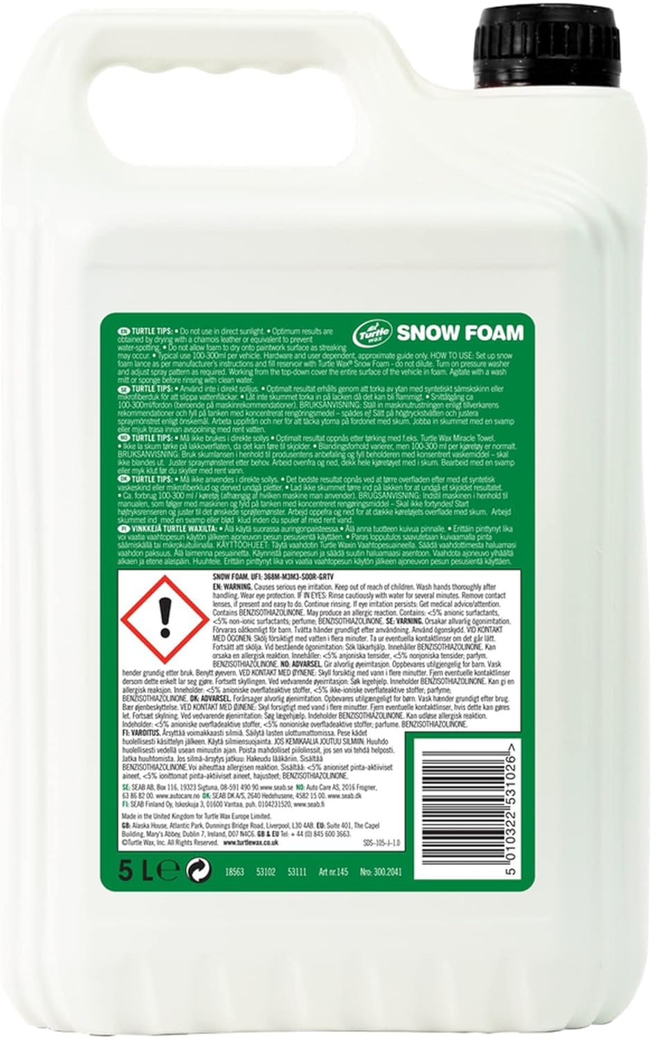 Turtle Wax Snow Foam, Thick, PH balanced Car Shampoo. 5L, Pack of 1, Cherry Scented, Streak Free Formula Safe for All Paint, Tyres, Wheels and Trim, Perfect for Overall Car Cleaning