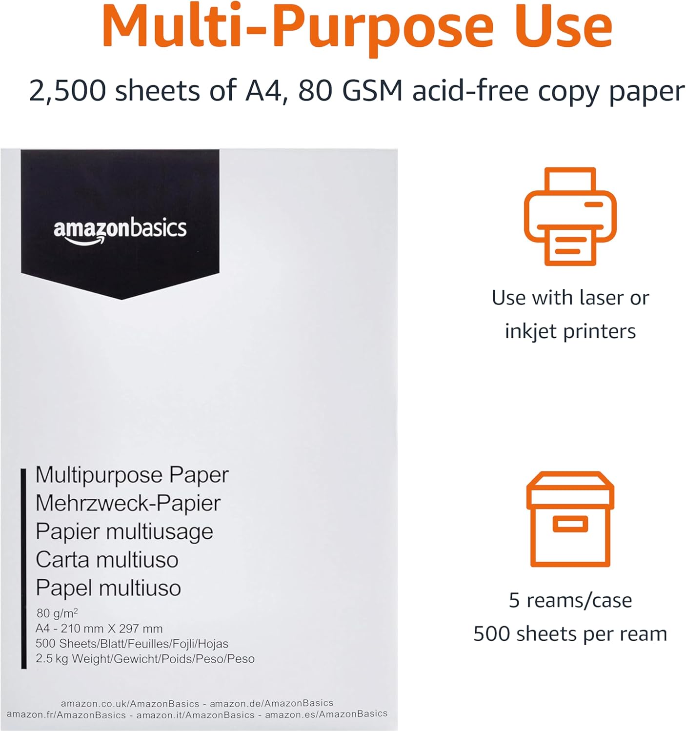 Amazon Basics Multi-Purpose Copy Printer Paper, A4 80 GSM, 2500 Count (Pack of 5), White
