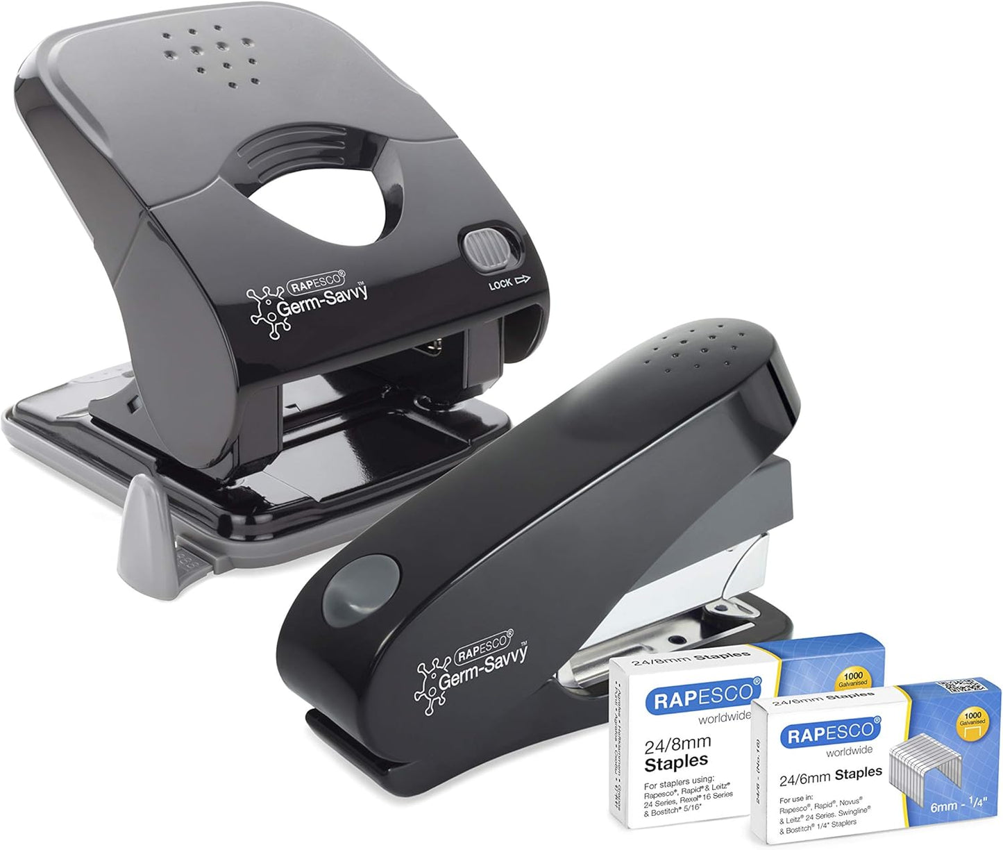 Rapesco 1623 Germ-Savvy Antibacterial, ECO Luna Less Effort Stapler & ECO X5-40ps Less Effort Hole Punch Set, Black