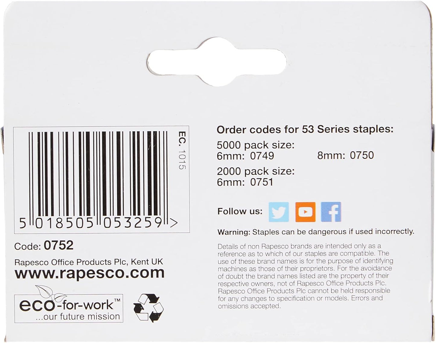 Rapesco 0752 53/8 mm Galvanised Staples, Box of 2000