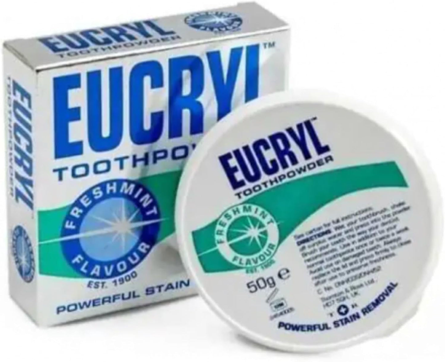 Eucryl Freshmint Toothpowder, Tooth Whitening Powder, Powerful Stain Remover, For Tobacco, Tea, Coffee & Wine Stains, Unique Polishing Action, 1 x 50g