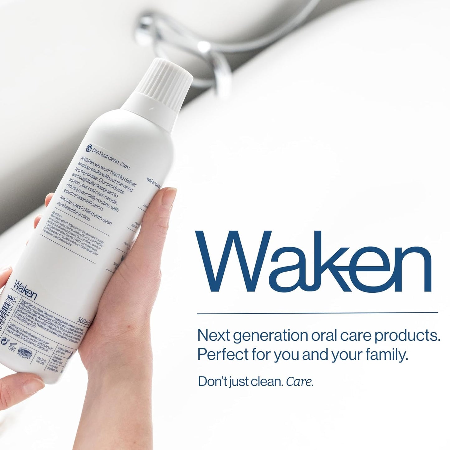 Waken Whitening Mouthwash, with Added Fluoride, Prevents Enamel Stains, Helps Protect Against Cavities and Reduce Plaque, Alcohol-Free, Vegan, Recycled Packaging, Natural Peppermint Flavour, 500ml