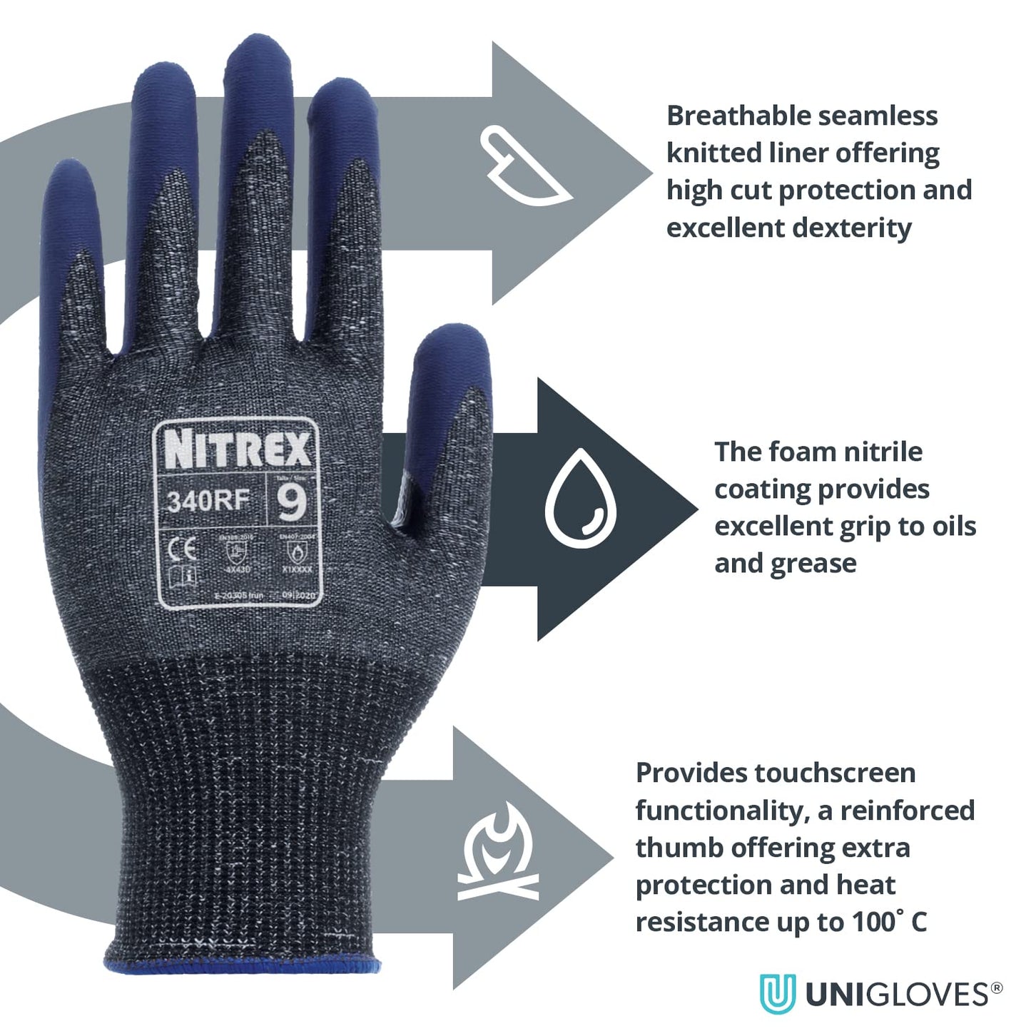 NITREX 340RF Work and Safety Gloves, Bag of 10 Pairs - D Rated Cut Resistant Gloves with Foam Nitrile Palm Coating in Grey/Blue, Size 7