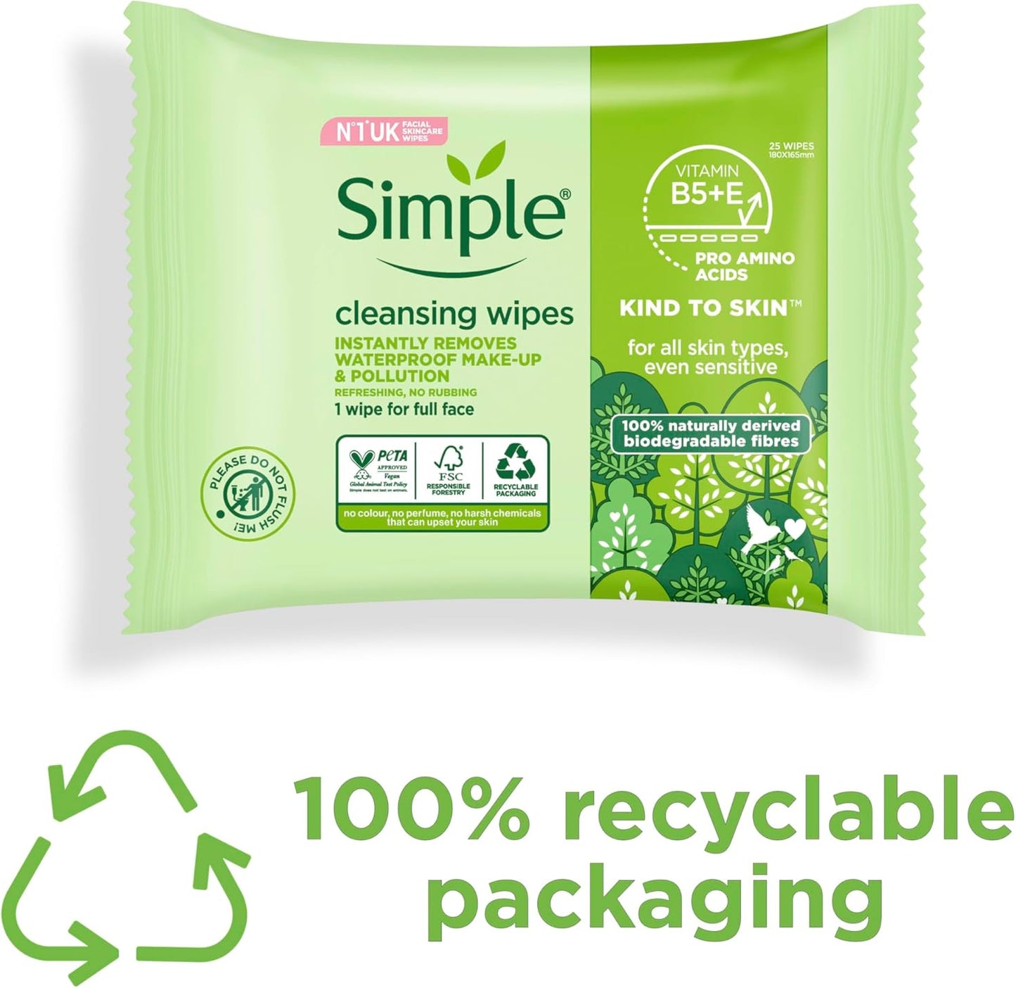 Simple Kind to Skin Bio-degradable Cleansing Wipes face wipes to remove waterproof eye make-up for sensitive skin 6x 25 wipes