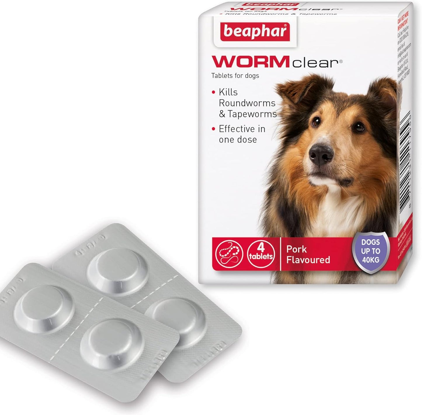 Beaphar | WORMclear® Tablets for Dogs up to 40kg | Kills All Common UK Intestinal Worms (Roundworms & Tapeworms) | Vet Strength Treatment | Pork-flavoured | 4 tablets